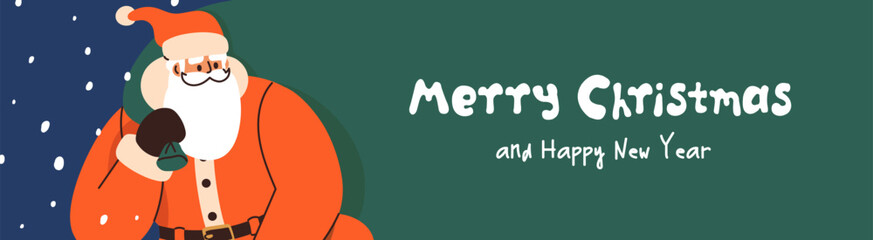 Santa Claus, wide web banner design. Merry Christmas and Happy New Year, horizontal background. Xmas, Newyear and winter holiday gift bag and festive greeting typography. Flat vector illustration