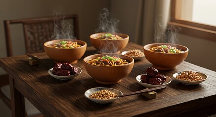 Traditional Asian Noodle Bowls with Steaming Hot Broth and Fresh Garnishes, Served on a Rustic Wooden Table with Side Dishes of Dried Fruit and Peanuts, Capturing a Warm Home-Cooked Meal.