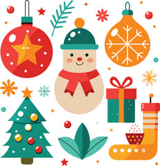 Vector art of a cheerful assortment of christmas elements featuring a snowman, decorated tree, gift, stocking, and ornaments, presented on a clean
