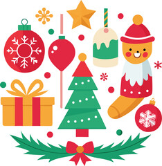 Vector art of a vibrant christmas composition showcasing a decorated tree, gift, stocking, ornaments, and festive garland, all isolated on a