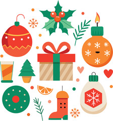 Vector art of a festive arrangement of christmas and holiday symbols, including ornaments, a gift, a christmas tree, a stocking, holly, and a drink, isolated on a