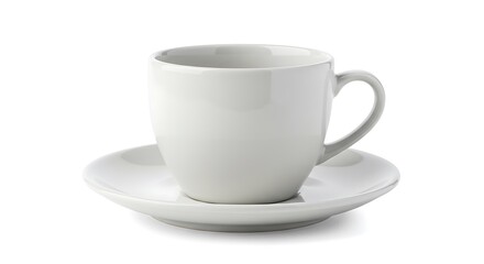 Clean White Ceramic Coffee Cup and Saucer on White Background