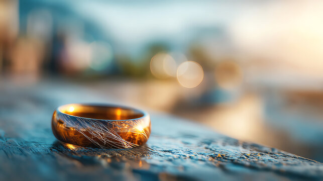 A close-up of a golden wedding ring resting on a wet surface, symbolizing love and commitment in a beautiful outdoor setting.