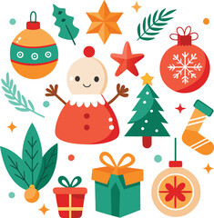 Vector art of an adorable collection of christmas icons, including a snowman, gift boxes, a christmas tree, ornaments, and a stocking, all isolated on a
