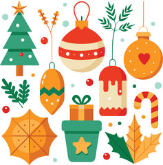 Vector art of a delightful assortment of christmas elements featuring a decorated pine tree, hanging ornaments, a gift box, candy cane, and autumn leaves, presented on a clean