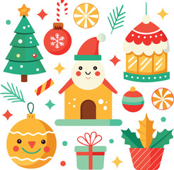Vector art of a charming assortment of christmas elements such as a gingerbread house, a snowman, decorated trees, ornaments, a gift, and candy canes, presented on a clean for versatile holiday use