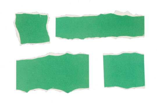 set of green torn paper sheets with white ripped edges isolated on white or transparent png