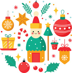 Vector art of a delightful circular arrangement of christmas icons featuring a snowman character, festive ornaments, a gift box, a candy cane, and holly leaves, all isolated on a for easy integration