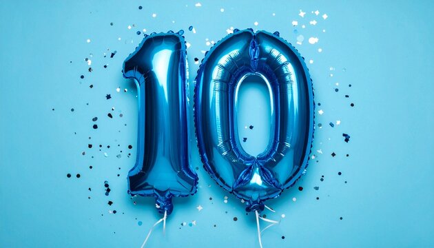 Blue balloon number 10 with confetti on solid colored background. Photo for anniversary or birthday party