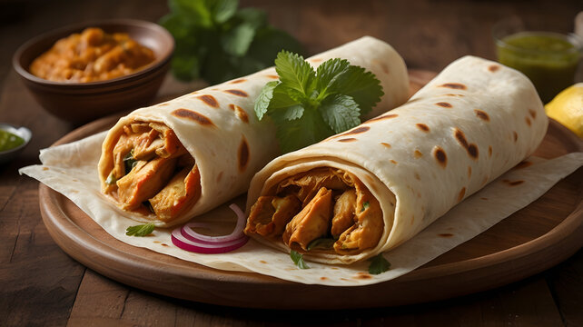 Two delicious Indian chicken kathi rolls filled with spiced meat and fresh herbs, served with chutney on a rustic wooden plate