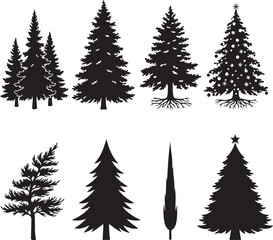 Obraz premium Evergreen Silhouettes: A striking silhouette collection of various evergreen trees, embodying the tranquility and majesty of the natural world, ideal for graphic design.