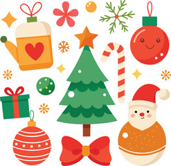 Vector art of a cheerful assortment of christmas icons featuring santa claus, a snowman, a christmas tree, ornaments, gifts, candy cane, and a watering can, all in a flat, vibrant illustration style