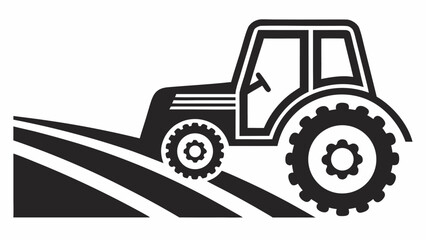 Illustration of a black tractor on a field with white stripes representing plowed rows in a simple design