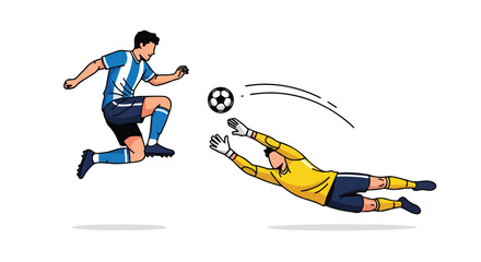 Obraz premium Dynamic soccer action scene showcasing a player kicking the ball towards a diving goalkeeper, illustrating competition and athleticism