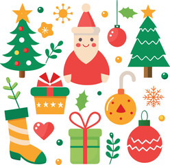 Vector art of a delightful arrangement of christmas symbols including santa claus, decorated trees, gifts, a stocking, ornaments, and festive greenery, isolated on a