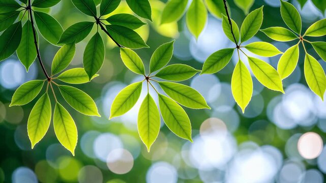Sunlit green leaves with bokeh background
