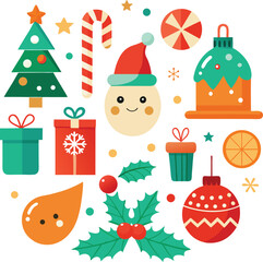 Vector art of a delightful assortment of flat design christmas elements, featuring a christmas tree, candy cane, gifts, santa face, ornaments, and holly, all isolated on a