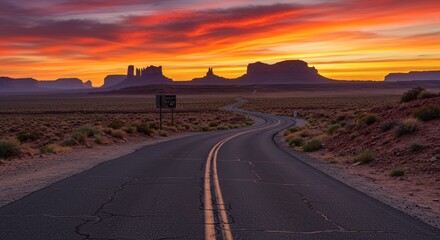 Scenic landscape image with road leading to distant mountains under a vibrant sunset sky