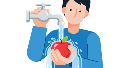 Freshness guaranteed: Illustrated man washing an apple under running water for healthy living habits and hygiene practices