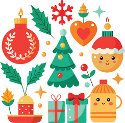 Vector art of a festive collection of flat design christmas ornaments, including a decorated christmas tree, gifts, baubles, holly, and cute characters, isolated on a