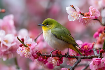 Vibrant Japanese Bird Perched on Cherry Blossom Branch During Springtime Blooming Season