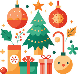 Vector art of a charming flat design composition of christmas symbols, including a decorated tree, gifts, ornaments, holly, and festive characters, presented on a