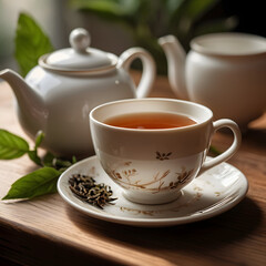 Fototapeta premium A Delightful Afternoon Tea A Perfect Cup of Tea with a Elegant White Teapot and Cup