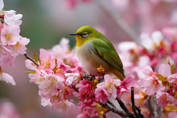 Obraz premium Vibrant Japanese Bird Perched Among Cherry Blossoms in Stunning Floral Spring Landscape