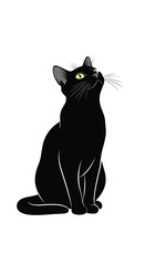 A sleek black cat with bright yellow eyes gazes upwards with curiosity.