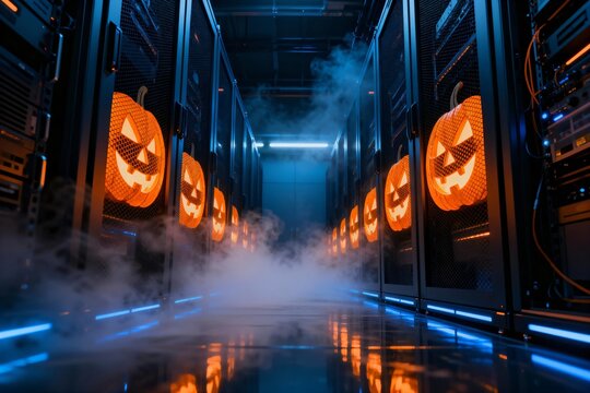 Halloween server room with pumpkins and fog, spooky data center, tech holiday decoration, dark blue lighting, futuristic atmosphere