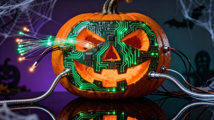 Halloween pumpkin with circuit board design and fiber optic lights, spooky tech decoration, futuristic holiday concept, dark background, festive, creative, digital art