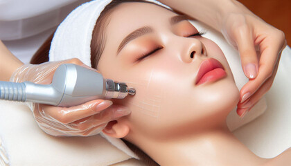 Close-up of a young woman undergoing a radio wave RF lifting procedure in a beauty salon, skin care and beauty treatments