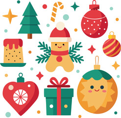 Vector art of a delightful arrangement of christmas symbols such as a gingerbread person, ornaments, a gift box, a cake, and a candy cane, all isolated on a for easy use