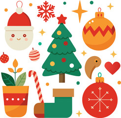 Vector art of a collection of cute christmas elements including a santa face, christmas tree, ornaments, candy cane, potted plant, and snowflake, all isolated on a