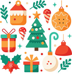 Vector art of a charming assortment of christmas icons featuring a gift box, christmas tree, ornaments, candy cane, holly, and festive decorations, all isolated on a