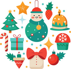 Vector art of a festive arrangement of christmas symbols including a snowman, christmas tree, star, gift box, candy cane, cupcake, and ornaments, isolated on a