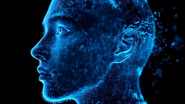 Abstract digital portrait of a human face composed of countless glowing blue dots and particles, creating the illusion of a dissolving or forming structure