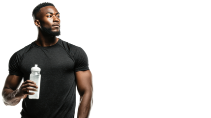 A confident man holding a water bottle, showcasing a fit physique against a clean, isolated background.