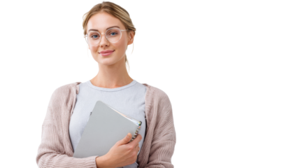 A confident woman in casual attire holding a tablet, smiling, against a white isolated background.