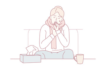 Unhealthy young man sit on sofa at home struggle with covid-19 symptoms. Unwell sick guy feeling bad coughing and sneezing having flu. Vector illustration.