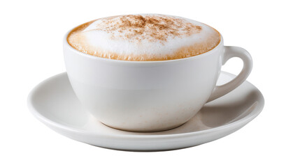 Obraz premium A frothy cappuccino served in a white cup on a saucer, perfect for coffee lovers.
