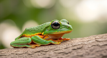Obraz premium Close up of a vibrant green tree frog perched on a textured branch showing nature's beauty