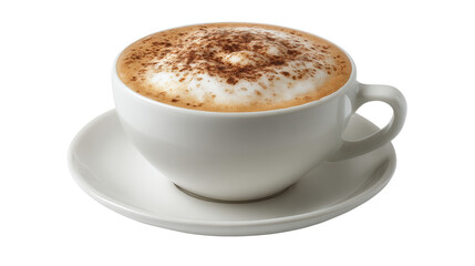 A perfectly crafted cappuccino in a white cup, topped with frothy milk and chocolate dust on a white background.