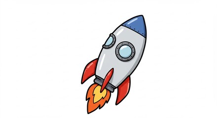 白い背景で鮮やかな炎を噴射し力強く飛び立つ可愛いロケットのシンプルなイラスト