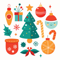 Vector art of vibrant collection of christmas symbols including ornaments, a festive tree, candy canes, holly leaves, a gift box, and cute characters