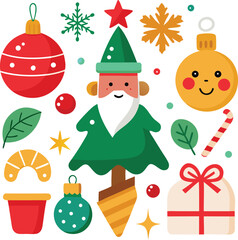 Vector art of a festive collection of christmas ornaments and decorations, including a santa claus figure, christmas tree, baubles, gift boxes, candy canes, and snowflakes, all isolated on a