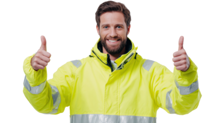 A smiling man in a bright yellow jacket giving thumbs up on a white isolated background.