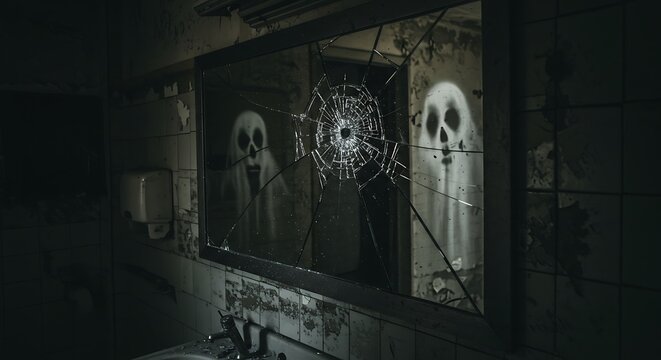 Spooky mirror reflection of ghostly figures in a dark interior space