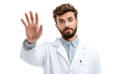 A smiling man in a lab coat gestures with a raised hand, promoting a welcoming atmosphere for viewers.