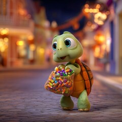Adorable cartoon baby turtle with big blue eyes holding a sack of colorful candies on a paved street at night